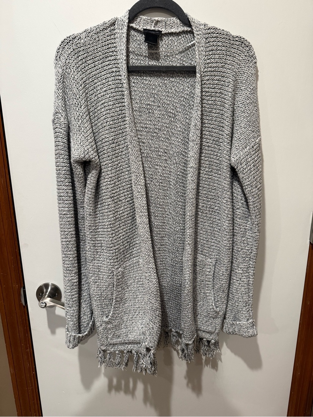 Ann Taylor Cozy Open-Front Fringe Cardigan Sweater - Light Gray